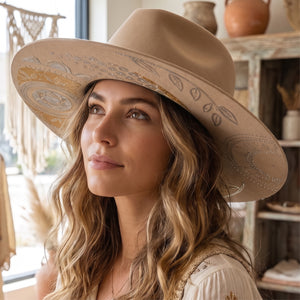 Hand-Painted Wool Fedora Hat with Citrine Crystals