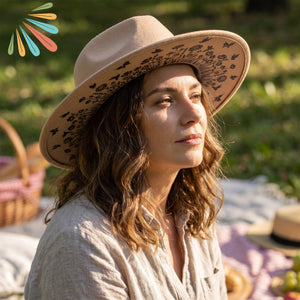 Beige Boho Mandala Hat, Wide Brim, Patterned, Vegan Felt, Gifts for her