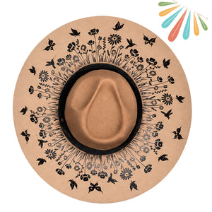 Beige Boho Mandala Hat, Wide Brim, Patterned, Vegan Felt, Gifts for her