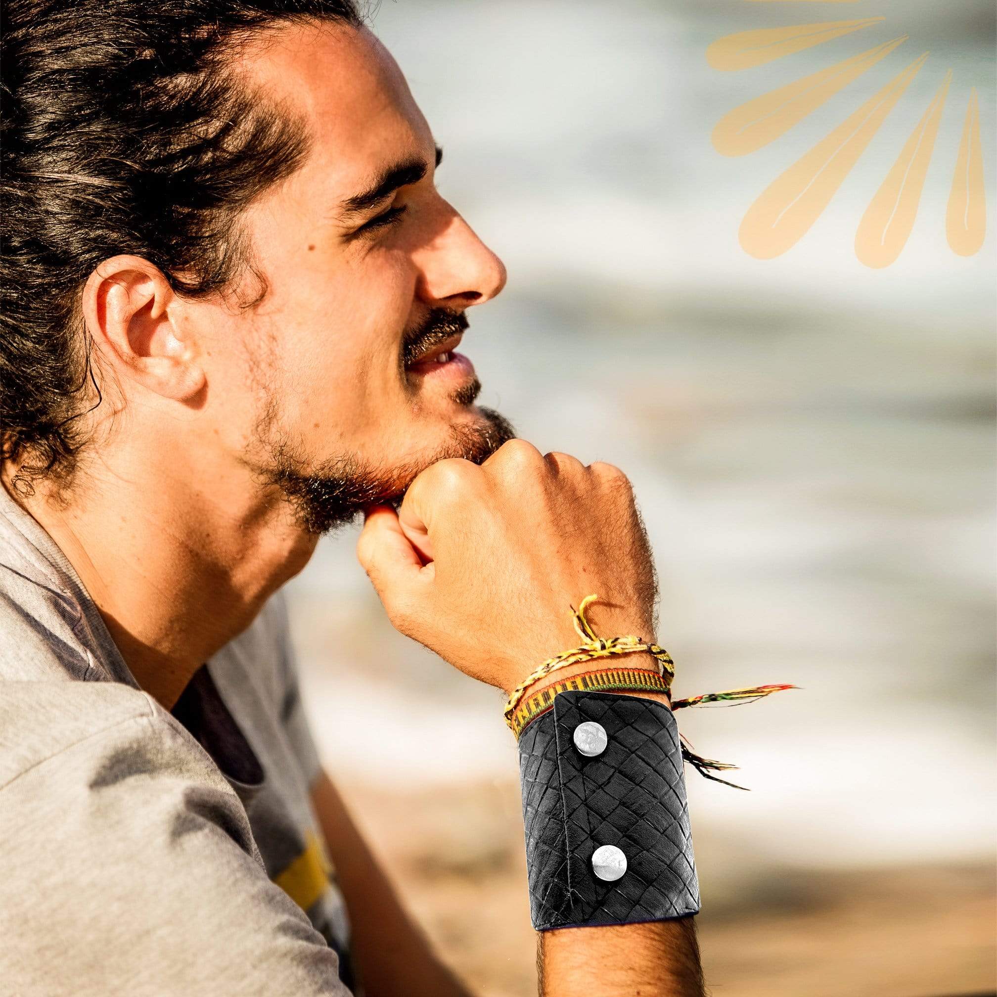 Leather Cuff Bracelets For Men Black Thin Wrist Wallet