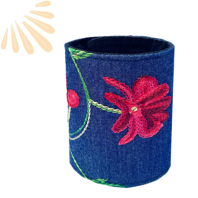 SoFree Creations Wrist Wallet Wrist Pocket Storage Band - Embroidered Denim Wrist Wallet - Red