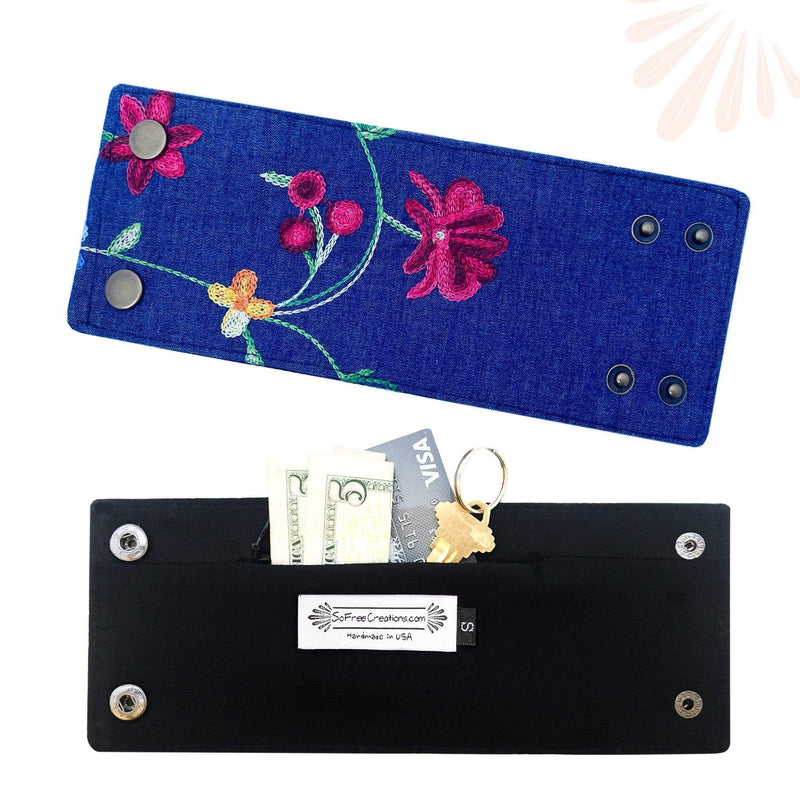 SoFree Creations Wrist Wallet Wrist Pocket Storage Band - Embroidered Denim Wrist Wallet - Red