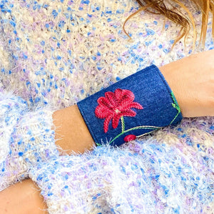SoFree Creations Wrist Wallet Wrist Pocket Storage Band - Embroidered Denim Wrist Wallet - Red